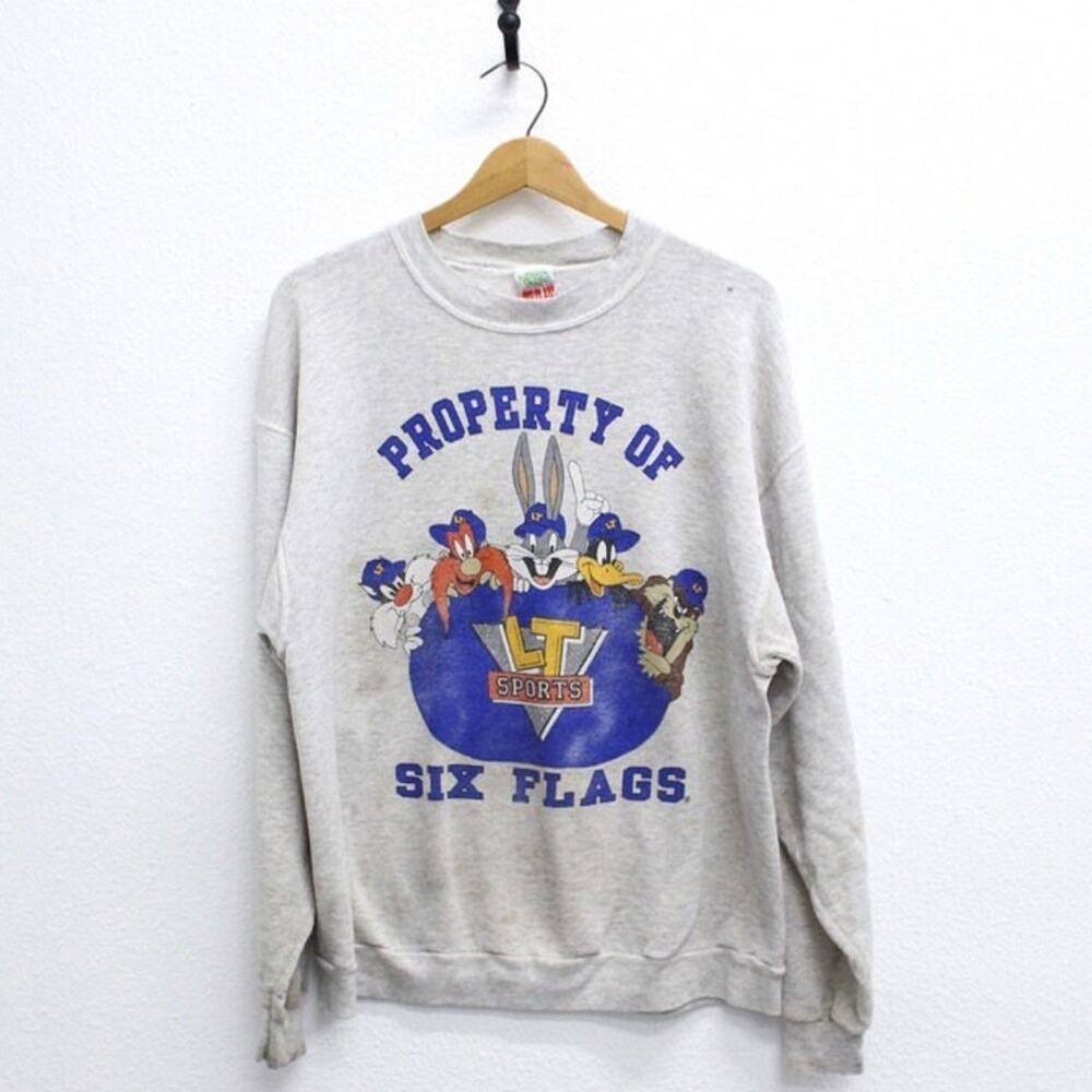 Vintage 90s Six Flags Looney Tunes Gray Sweatshirt Mens XL